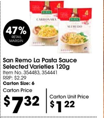 Campbells Wholesale San Remo La Pasta Sauce Selected Varieties 120g offer