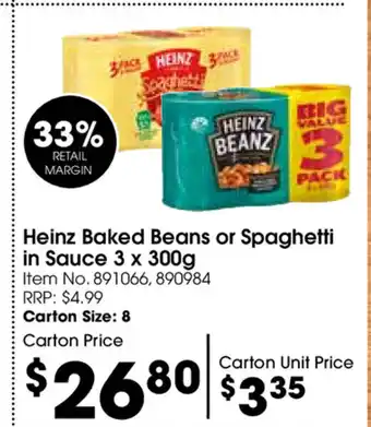 Campbells Wholesale Heinz Baked Beans or Spaghetti in Sauce 3x300g offer