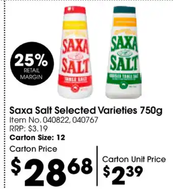 Campbells Wholesale Saxa Salt Selected Varieties 750g offer