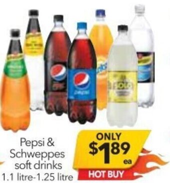 Cheap as Chips Pepsi & Schweppes Soft Drinks 1.1 Litre-1.25 Litre offer