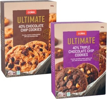 Coles Coles Ultimate 40% Chocolate Chip Original, Triple Choc or Salted Caramel Cookies 400g offer