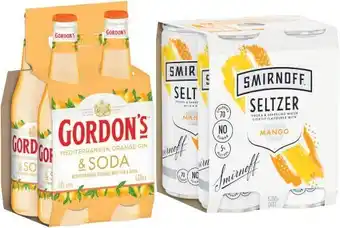 Coles Gordonu2019s Mediterranean Orange Bottles 4x330mL or Smirnoff Seltzer Mango Cans 4x250mL offer