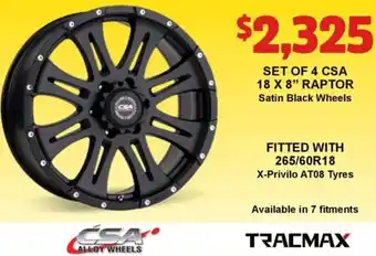 Set Of 4 CSA 18x8" Raptor Satin Black Wheels