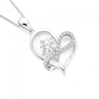 Prouds Sterling Silver Cubic Zirconia Infinity & Solitaire Cubic Zirconia Heart Pendant offer