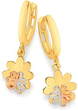 Angus & Coote 9ct Gold Tri Tone Flowe Drop Huggie Earrings offer