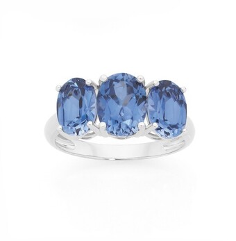 9ct White Gold Created Ceylon Sapphire Trilogy Ring