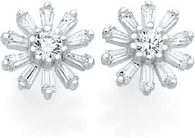 Sterling Silver CZ Emerald Cut Flower Stud Earrings