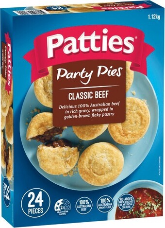 Woolworths Patties Party Pies 1.12 kg or Party Sausage Rolls 900g Pk 24 offer