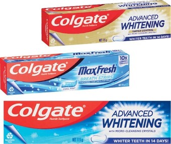 Coles Colgate Advanced Whitening or Max Fresh Toothpaste 115g offer