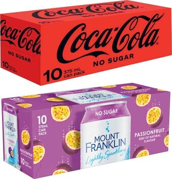 Coles Coca-Cola, Fanta or Sprite Soft Drink or Mount Franklin Sparkling Water Cans 10x375mL offer