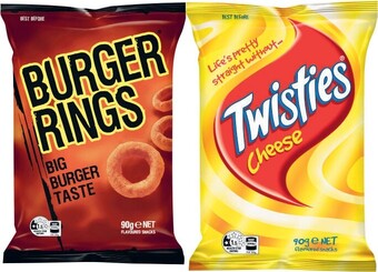 Coles Twisties, Burger Rings or Cheetos Snacks 80g-90g offer