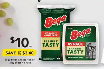 Drakes Bega Block Cheese 1kg or Tasty Slices 45 Pack offer