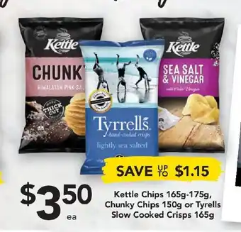 Drakes Kettle Chips 165g-175g or Chunky Chips 150g or Tyrells Slow Cooked Crisps 165g offer