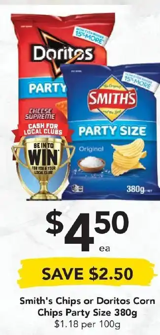 Drakes Smith's Chips or Doritos Corn Chips Party Size 380g offer