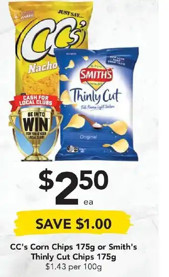 Drakes CC's Corn Chips 175g or Smith's Thinly Cut Chips 175g offer