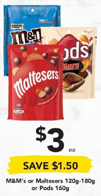 Drakes M&M's or Maltesers 120g-180g or Pods 160g offer