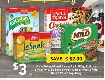 Drakes Uncle Toby's Muesli Bars Bars 6 Pack 185g, Roll-Ups 6 Pack 94g, Le Snak 6 Pack 132g or Nestlé Milo Bars 6 Pack 126g-160g offer
