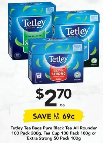Drakes Tetley Tea Bags Pure Black Tea All Rounder 100 Pack 200g, Tea Cup 100 Pack 180g or Extra Strong 50 Pack 100g offer