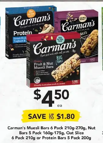 Drakes Carman's Muesli Bars 6 Pack 210g, Nut Bars 5 Pack 160g-175g, Oat Slice 6 Pack 210g or Protein Bars 5 Pack 200g offer