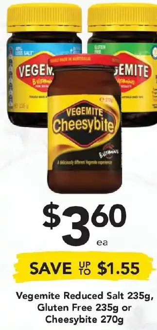 Drakes Vegemite Reduced Salt 235g, Gluten Free 235g or Cheesybite 270g offer