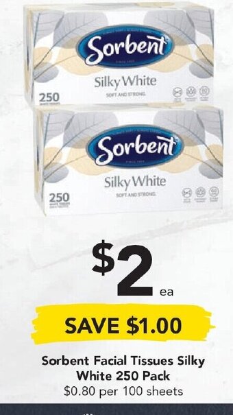 Drakes Sorbent Facial Tissues Silky White 250 Pack offer