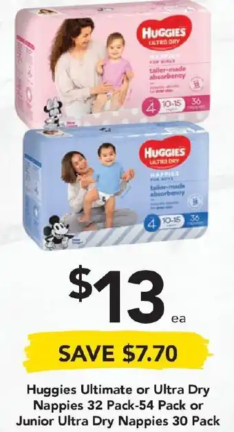 Drakes Huggies Ultimate or Ultra Dry Nappies 32 Pack 54 pack or Junior Ultra Dry Nappies 30 Pack offer