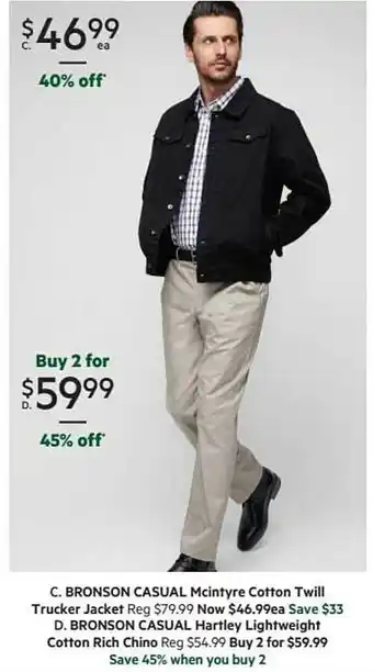 Harris Scarfe C. Broson Casual Mcintyre Cotton Twill Trucker Jacket D. Bronson Casual Hartley Lightweight Cotton Riche Chino offer