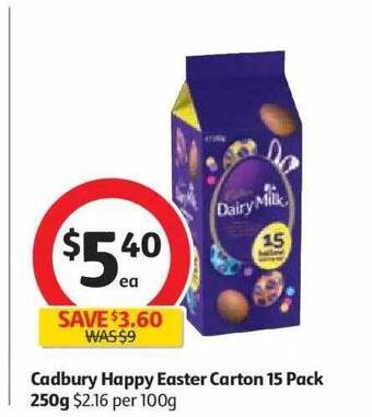 Coles Cadbury Happy Easter Carton 15 Pack 250g offer