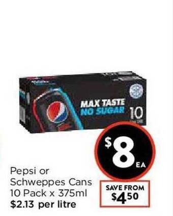 Foodworks Pepsi Or Schweppes Cans 10 Pack X 375ml offer