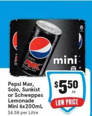 IGA Pepsi Max, Solo, Sunkist Or Schweppes Lemonade Mini offer