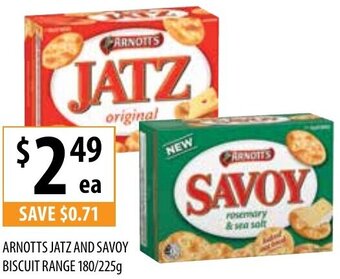 Supabarn Arnotts Jatz And Savoy Biscuit Range 180/225g offer