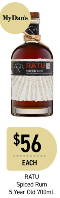 Dan Murphy's RATU Spiced Rum 5 Year Old 700ml offer