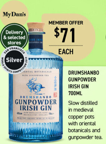 Dan Murphy's Drumshanbo Gunpowder Irish Gin 700ml offer