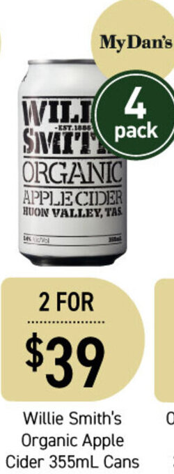 Dan Murphy's Willie Smith's Organic Apple Cider 355ml Cans offer