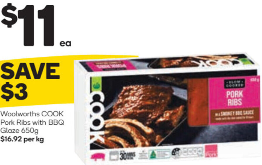 Woolworths COOK Pork Ribs With BBQ Glaze 650g offer at Woolworths