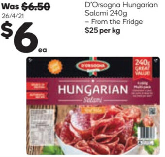 Woolworths D'Orsogna Hungarian Salami 240g offer