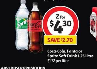 Coles Coca-Cola, Fanta Or Sprite Soft Drink 1.25 Litre offer