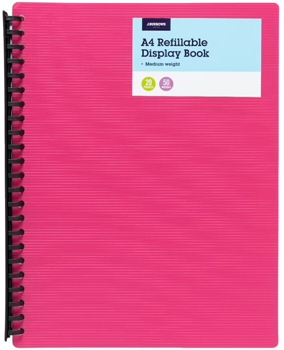 J.Burrows A4 20 Pocket Refillable Display Book Pink offer at Officeworks