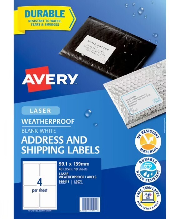 Avery 10 Pack Weatherproof Shipping Labels 4UP offer at Officeworks