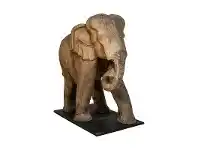 Chaney Teak Timber Elephant Figurine on Stand, Rolling Trunk, Brown