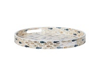 LivingStyles Fish Capiz Shell Round Serving Tray, Blue / Pearl offer