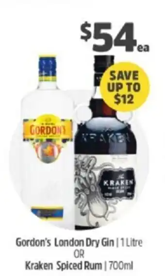 BWS Gordon's London Dry Gin 1Litre or Kraken Spiced Rum 700ml offer