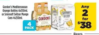 Liquorland Gordon's Mediterrnean Orange Bottles 4x330ml or Smirnoff Seltzer Mango Cans 4x250ml offer