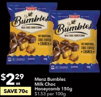 Menz Bumbles Milk Choc Honeycomb 150g