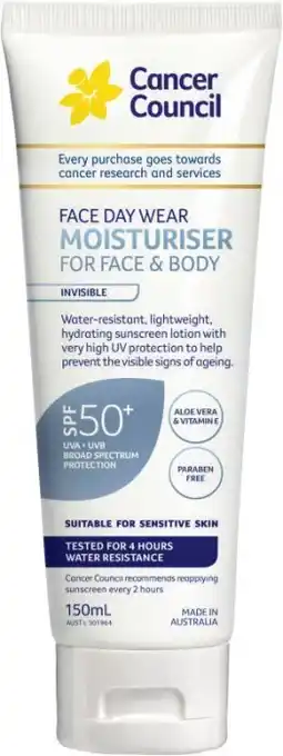 Coles Cancer Council Facial Moisturiser Water Resistant SPF50+ 150mL** offer
