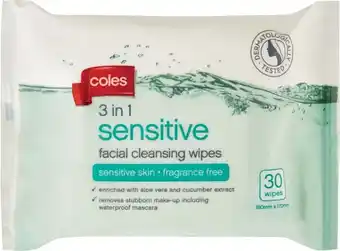Coles Coles 3-in-1 Sensitive Facial Cleansing Wipes 30 Pack offer