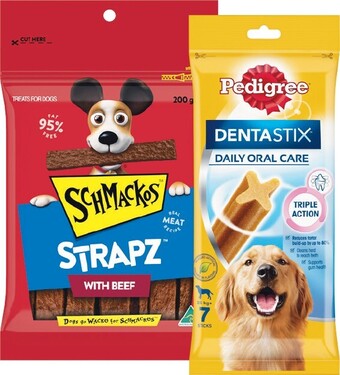 Pedigree Dentastix Pk 7 or Schmackos Strapz Dog Treats 200g