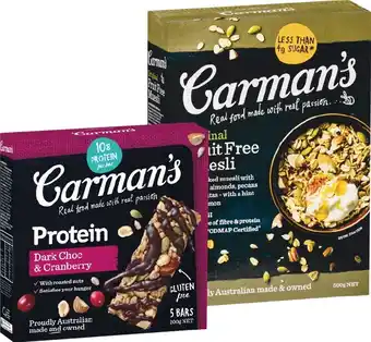 Woolworths Carman's Muesli, Nut or Protein Bars 160-­270g Pk 5/6 or Muesli 500g offer