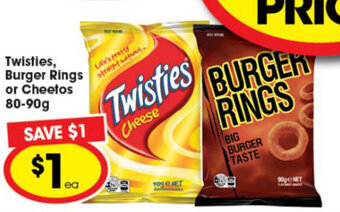 Ritchies Twisties Burger Rings or Cheetos 80-90g offer
