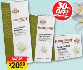Cincotta Chemist Hemptuary Hemp Infused Moisturiser 100g, Hemp Nourishing Face & Body Oil 30ml and Hemp Soothing Body Balm 30gg offer